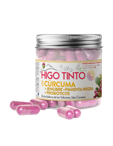 Higo Tinto, cúrcuma, jengibre, pimienta negra, probióticos, 90 cápsulas - Tuno Canarias.