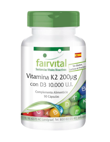 Vitamina K2 200ug y D3 10.000 IE, 90...