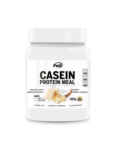 Caseína, sabor Chocolate blanco y coco, 450 gramos - PWD Nutrition.