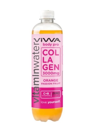 Agua vitaminada, Colágeno, sabor naranja y fruta de la pasión, 600ml - Viwa.
