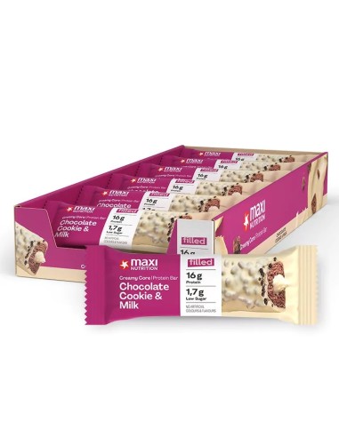 Barrita de chocolate blanco , galleta y leche, 45 gramos - Maxi Nutrition.