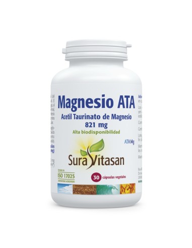 Magnesio ATA, Acetil Taurinato de Magnesio, 821 mg, 30 cápsulas - SuraVitasan.