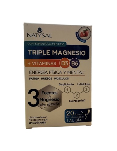 Triple magnesio + B6 y D3,Fresa, 20 sobres bucodispensables - Natysal.